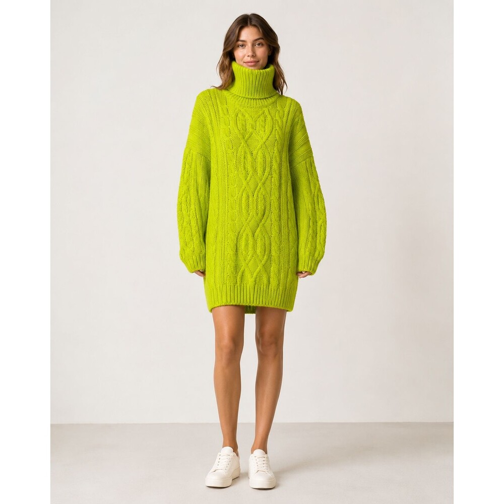 Moon River XS Neon Green Cable Knit Turtleneck Sweater Dress Chunky Long Sleeve
